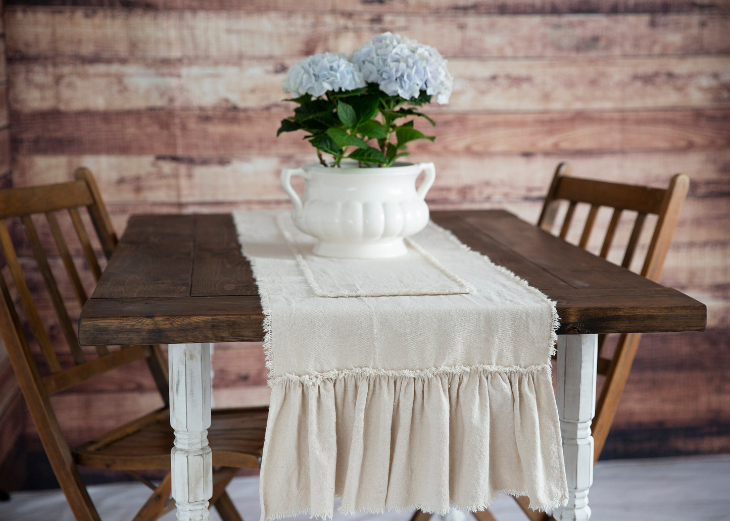 Rustic Farmhouse Handmade Table Runner with Ruffles – Sandy Beige neutral