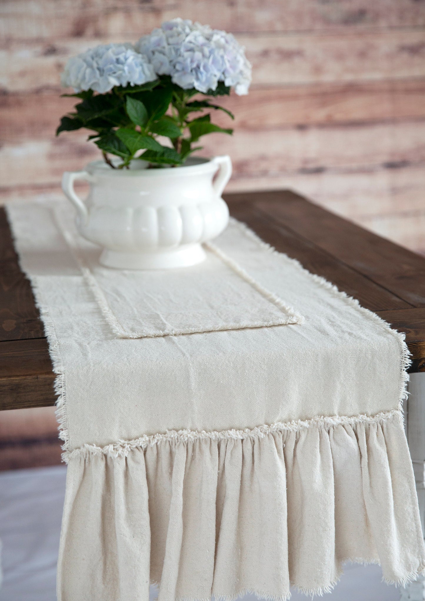 Rustic Farmhouse Handmade Table Runner with Ruffles – Sandy Beige neutral