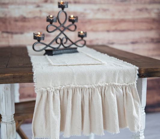 Rustic Farmhouse Handmade Table Runner with Ruffles – Sandy Beige neutral