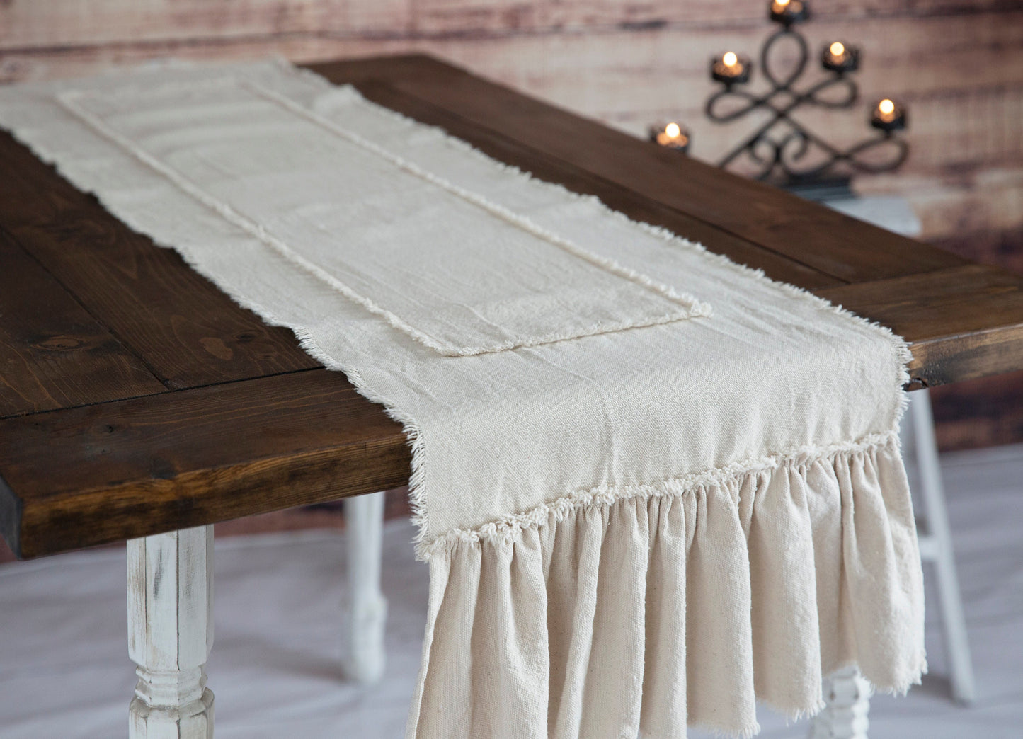 Rustic Farmhouse Handmade Table Runner with Ruffles – Sandy Beige neutral